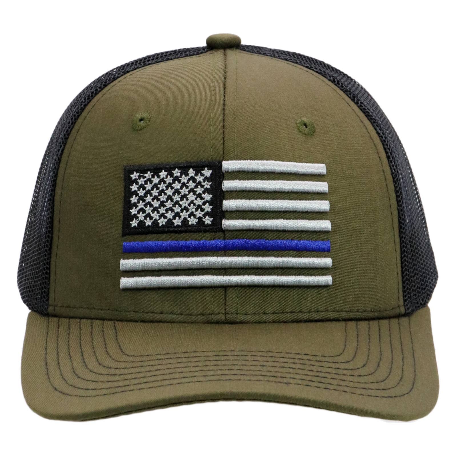Police Blue Line American Flag Mesh Trucker Hat