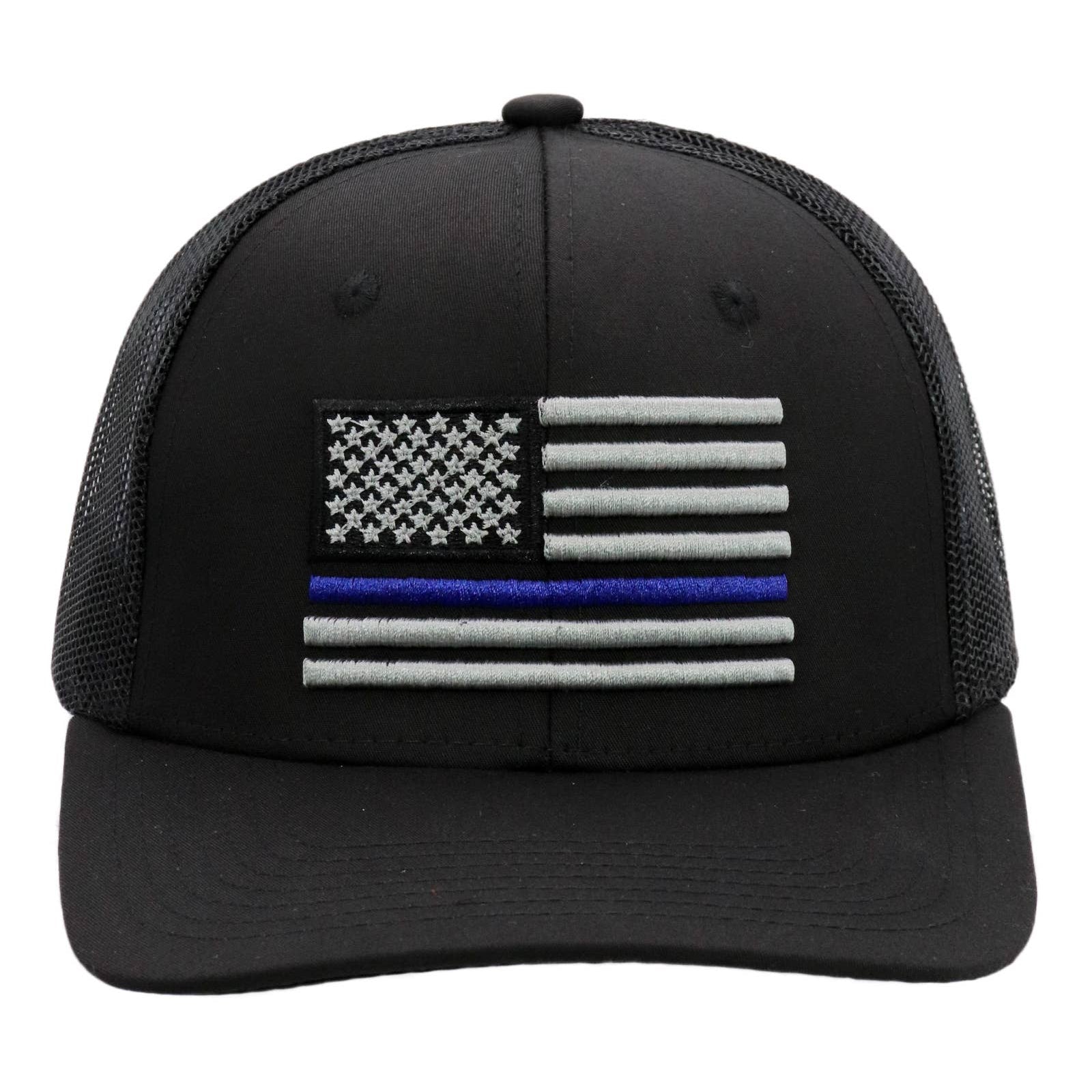 Police Blue Line American Flag Mesh Trucker Hat
