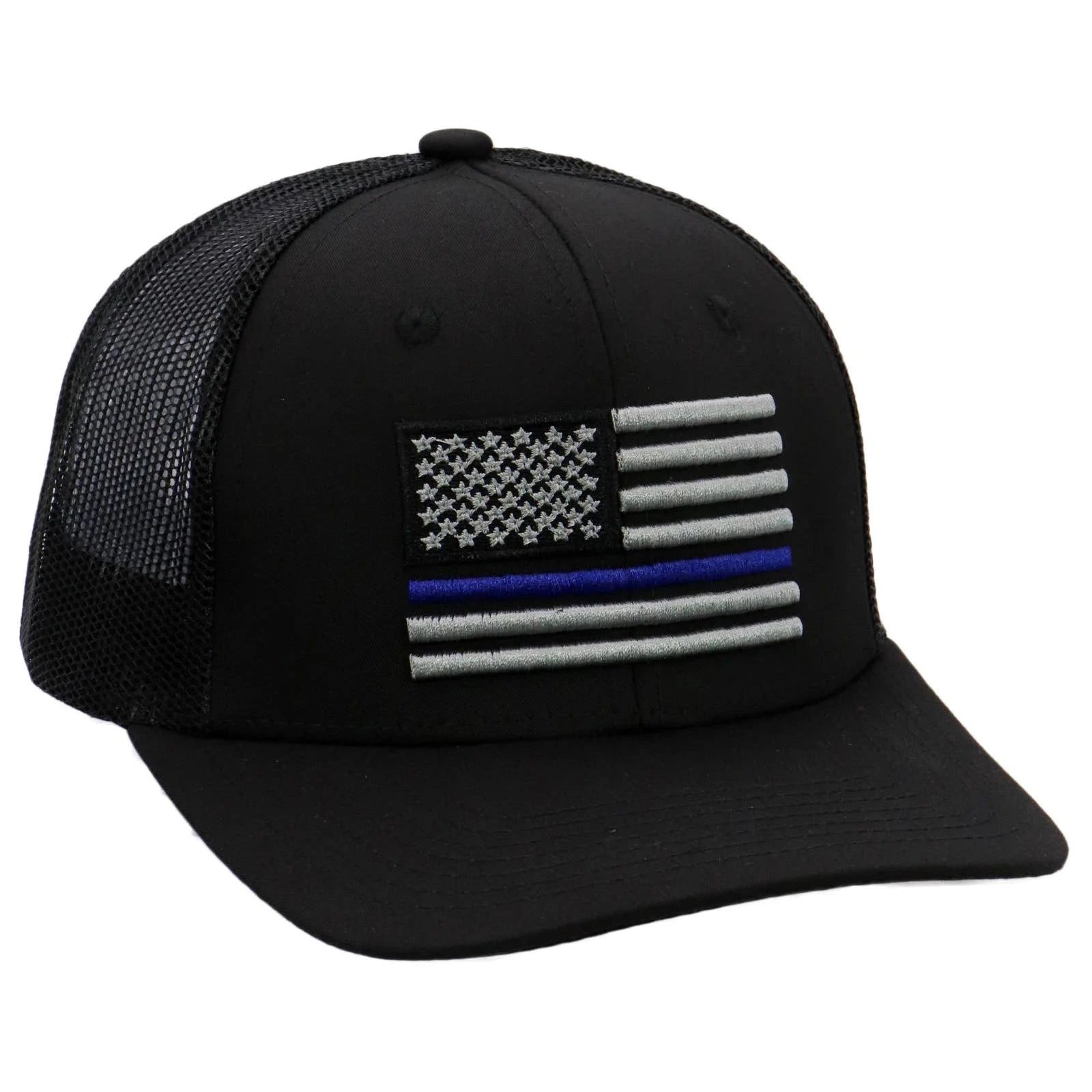 Police Blue Line American Flag Mesh Trucker Hat